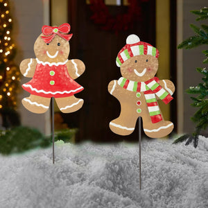 2 Pack Christmas Metal Stakes, 24.8 inch Gingerbread Boy and Girl Yard Sign Stake