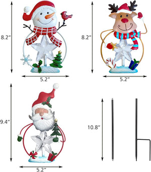 3 Pack Christmas Stake Decor, Outdoor Garden Solar Light Metal Snowman/Santa Claus/Reindeer Yard Stakes with LED Lights