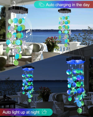 Solar Christmas Wind Chimes, Shells Lights Gifts for Mom Grandma Women Wife Girls (Blue & Green)