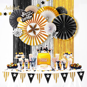 White Gold Party Decor with Paper Fans, Hanging Tinsel Fringe Curtain, Happy New Year Sticker