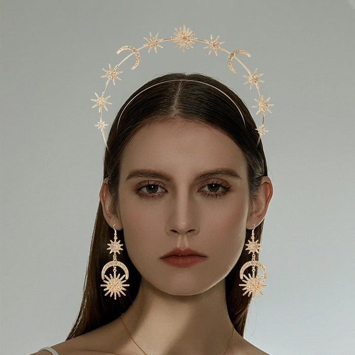 Stars Crystal Goddess HeadBand with Earrings Mary Metal Halo Headpiece Celestial Crowns