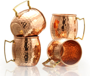 Pure Copper Hammered Mugs with Copper Straws & Wooden Coasters Set of 4