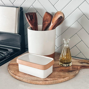 Two-in-One Butter Dish with Lid, Covered Butter Crock Container to Leave on Countertop, Vanilla White