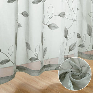 Sage Green Sheer Curtains 52 X 63 Inches Length 2 Panels Embroidered Leaf Pattern Pocket Faux Linen