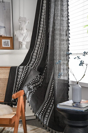 Geometric Semi-Blackout Window Curtains 2 Panels Bohemian Style Cotton Linen Darkening Curtains with Tassels, (52" W x 84" L, Black)