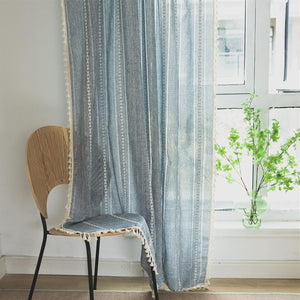 Semi-Blackout French Country Linen Embroidery Vintage Chic Tassels Hollow Window Treatment Bohemian Drape, 1 Panel 52" W x 84" L, Blue