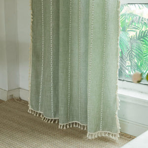 Cotton Linen Weighted Stripes Embroidery, Semi Blackout Bohemian Curtain Drape Tassels 1 Panel W52 x L84 Sage Green