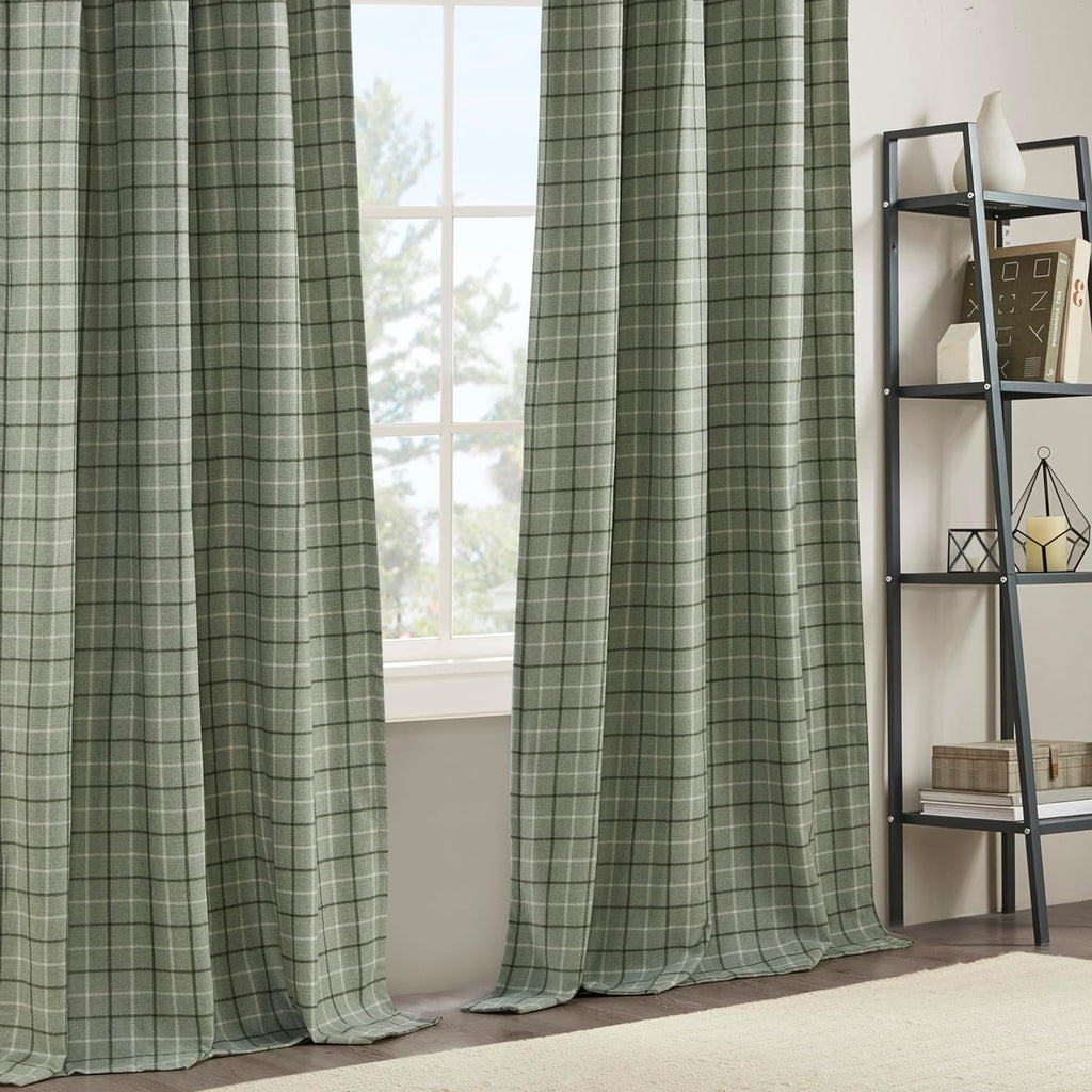 Plaid Curtain Window, Thermal Insulated Fleece Lining, 1-Single Panel Pack, 50" x 84" Rod Pocket, Green