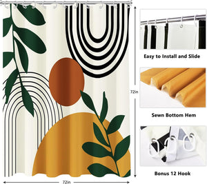 Mid Century Moon Leaf Fabric Shower Curtains Sets Beige Modern Minimalistic Boho Blue, 72x72 Inch