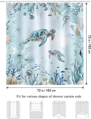 Sea Turtle Shower Curtain for Bathroom Teal Blue Ocean Beach Coastal Decorative Bath Curtain 72 x 72 Inch