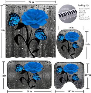 4 Pcs Bathroom Set, Blue Rose Shower Curtain Sets with Rugs