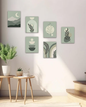 Green Boho Wall Art Mid-Century Modern Wall Decor Canvas 𝗙𝗿𝗮𝗺𝗲𝗱 Print Minimalist Botanical Abstract, 8"x10" Set of 6