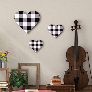 3 Pcs Heart Shaped Wood Sign Buffalo Plaid Decor for Kitchen Bedroom Bathroom, 3 Sizes (Black and White Plaid)