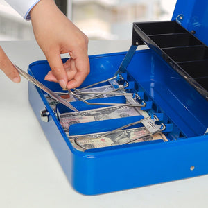 Locking Large Metal Cash Box with Money Tray, Lock Money Box with Key, Blue