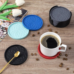 [6 Pack] Coasters with Holder, Non-stick, Deep Tray Black