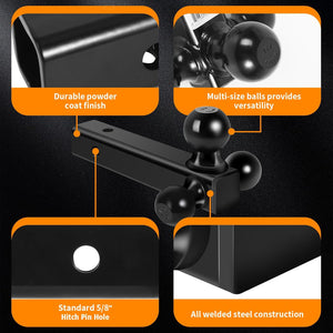 Trailer Hitch Hollow Shaft Triple Ball Mount - Black