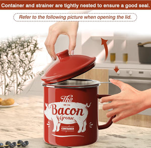 46OZ Large Enamel Grease Container, With Silicone Spatula, Farmhouse Bacon Grease Keeper, Red