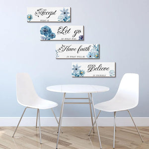 4 Pieces Blue Flower Wall Decor For Bedroom, Accept-Let go-Have faith-Believe Wooden Inspirational Wall Art