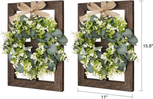 Farmhouse Wall Decor Window Frames with Eucalyptus Wreath, 2 Pack, 16 X 11 Inch, Brown