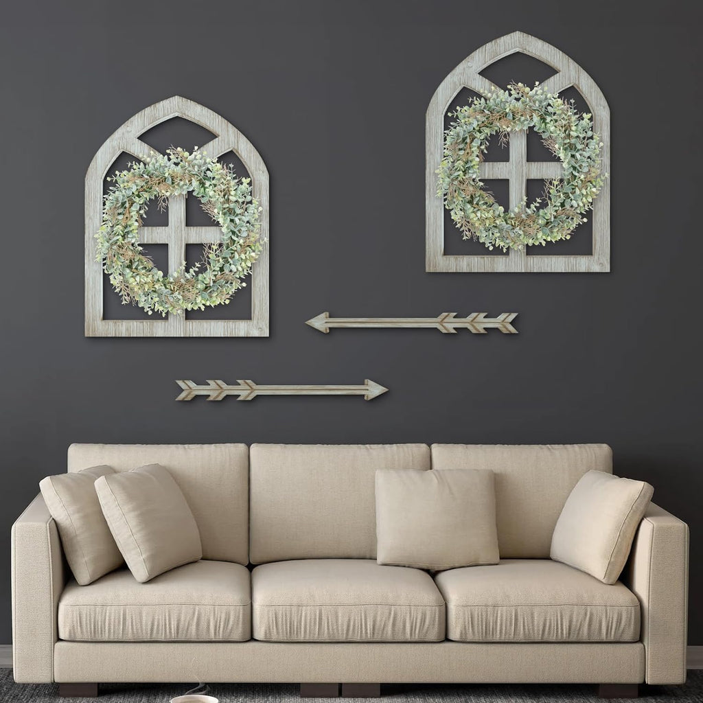 Rustic Wall Decor with Eucalyptus Wreath and Arrows Decor,Farmhouse Window Frame Wall Art (Weathered Blue, 18"*24"（Y）)