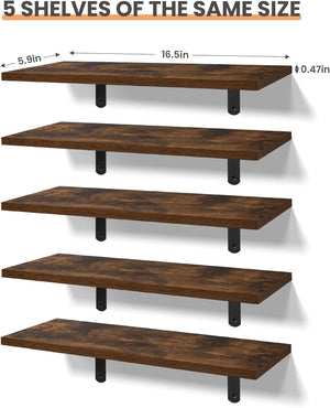 Dark Brown Wall Mounted Shelves Set of 5, Sturdy Small Wood Shelves