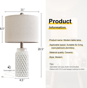 20.5 inches Modern Ceramic White Bedside Lamp Set of 2, Farmhouse Table Lamp, White