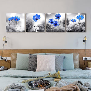 Simple Life Black and White Landscape Cyan Blue Flowers Wall Decor, 12" x 12" 4 Pieces Framed Canvas Prints