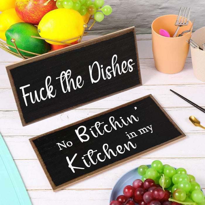 2 Pieces Funny Kitchen Signs the Dishes Hanging Wall Art Sign No Bitchin in My Kitchen, 10 x 5 Inch (Stylish)