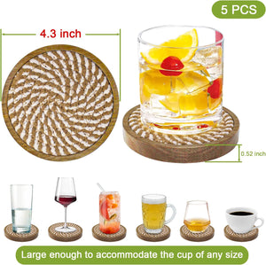 5 Pack Coasters for Drinks Absorbent, 4.3 inches Woven Wooden Drink Coasters