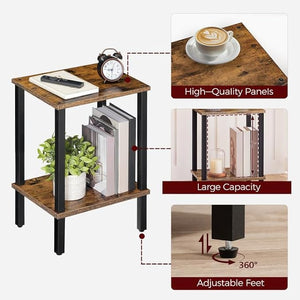 2-Tier End Table with Storage Shelf, Narrow Nightstand for Small Space, Rustic Brown