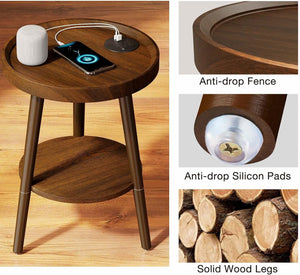 End Table with Charging Station, Round Side Table with Storage Shelf, Brown