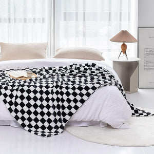 Flannel Blanket with Checkerboard Grid Pattern Soft Throw Blanket for Couch (Black, 50"x60")