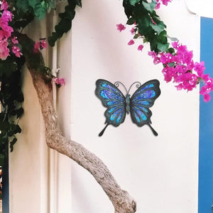 Metal Butterfly Wall Decor Glass Outdoor Wall Art Sculpture Hanging Garden Decorations Blue for Home Garden