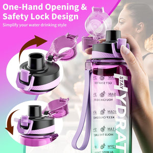 32 oz Water Bottle, Motivational Water Bottles with Time Marker-Tritan & BPA Free, Purple Green