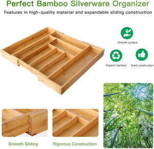 Bamboo Expandable Drawer Organizer for Utensils Holder, Adjustable Cutlery Tray, Natural