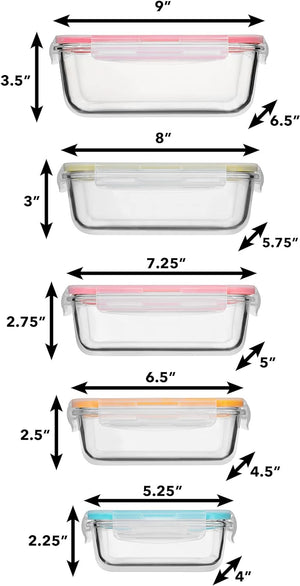 10 PC Glass Food Storage Containers with Multi Color Lids - 63, 40, 28, 25 & 11 Oz Airtight & Leakproof Lunch Bento Boxes