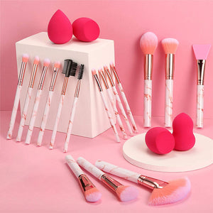 Professional Makeup Brushes Set 16PCS Marble Handle with 4PCs Sponge Blenders, Pink