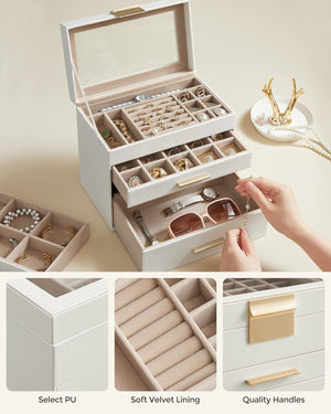 4-Layer Jewelry Organizer, 3 Drawers, for Sunglasses (Cloud White+Gold)