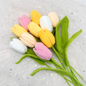 10PCS Crochet Tulip Flower Knitted Bouquet Faux Tulips for Home Office Wedding Decor, Yellow