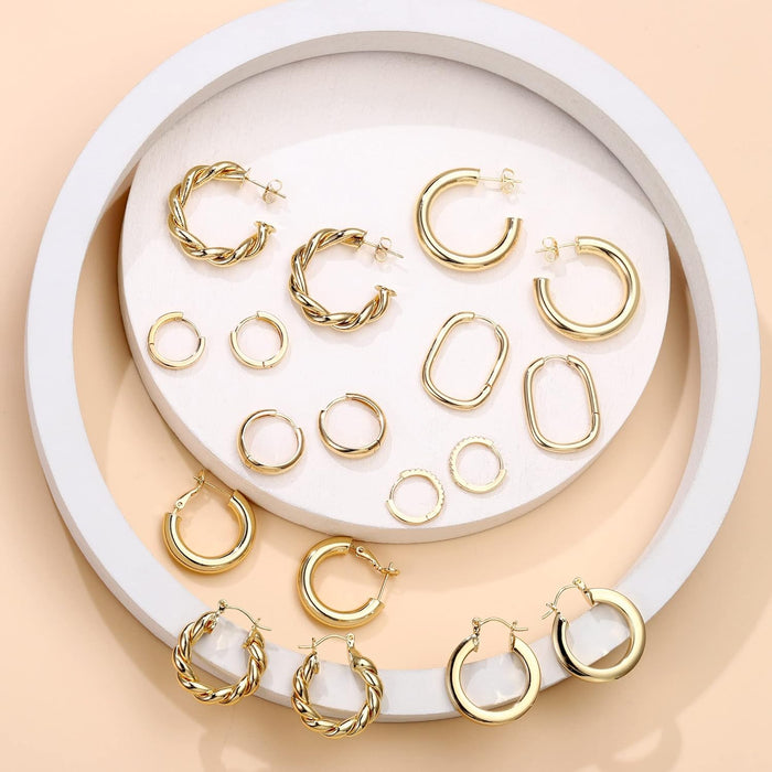 9 Pairs Gold Hoop Earrings for Women, 925 Sterling Silver Post 14K Real Gold Plated Chunky Hoop Earrings Set