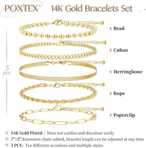 Dainty Bracelets Set for Women Trendy, Gold Bracelets Stack With Beaded, Cuban, Paperclip, Heart, Snake, Rope, Pearl, Cross, Hand Chain (5pcs)