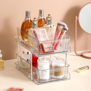 2 Set, 2 Tier Clear Organizer with Dividers for Cabinet / Counter, MultiUse Slide-Out Storage Container