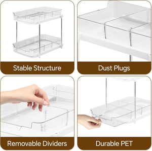 2 Sets Clear Under Sink Organizers and Storage, Bathroom Cabinet Organizer with Dividers, 2-Tier Stackable Pull Out Cabinet