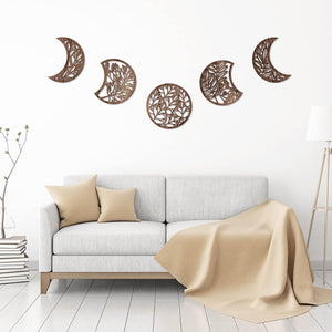 5 Pieces Moon Phase Wall Hanging Decor Wooden Moon Wall Art (Brown)