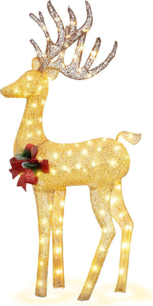 68” Pre-Lit Lighted Christmas Reindeer, Glitter 3D Gold Standing Christmas Male Deer with 70 Warm Led Lights