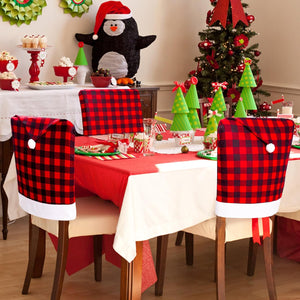 4 PCS Elastic Buffalo Plaid Christmas Chair Covers Santa Hat Christmas Chair Back Covers Kitchen Dining