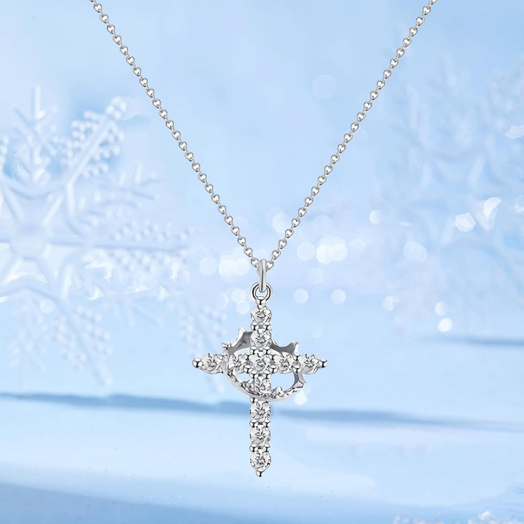 Cross Rotated Crown Necklace Gold Cross Pendant Dainty Cross Cubic Zirconia, Silver