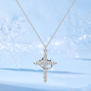 Cross Rotated Crown Necklace Gold Cross Pendant Dainty Cross Cubic Zirconia, Silver