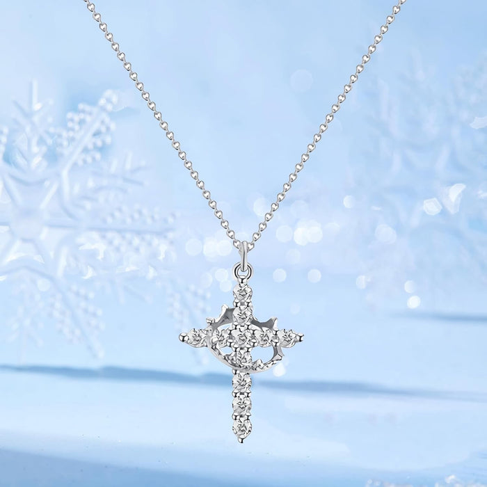 Cross Rotated Crown Necklace Gold Cross Pendant Dainty Cross Cubic Zirconia, Silver