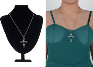 Womens Black Silver Clear Crystal Rhinestones Celtic Holy Cross Pendant Necklace